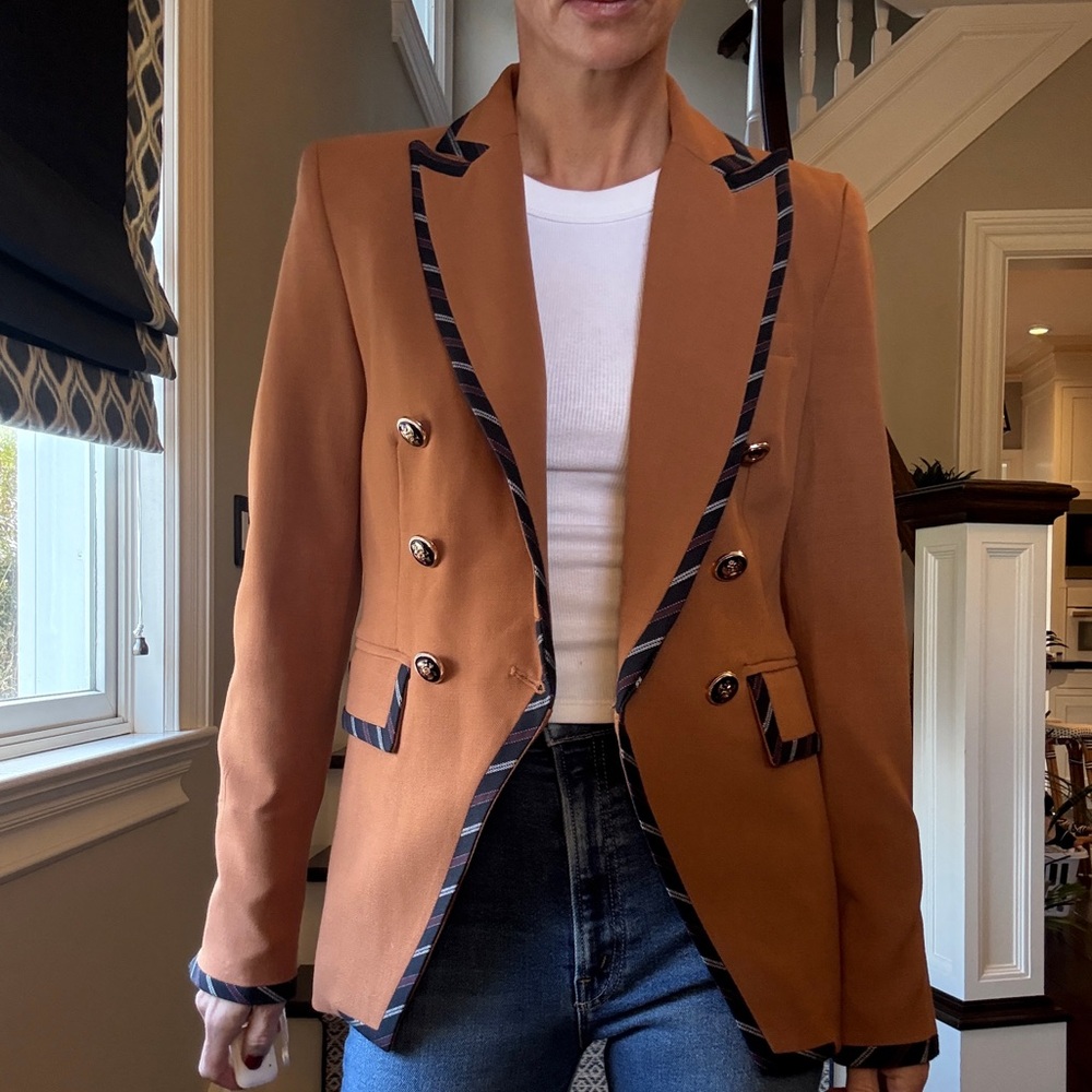 CeCe Camel Double-Breasted Blazer with Black Trim